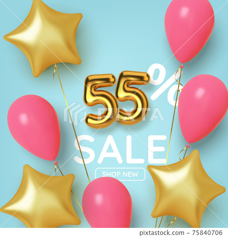 55 off discount promotion sale made of realistic 3d gold number with balloons and stars. Number in the form of golden balloons. Vector 75840706