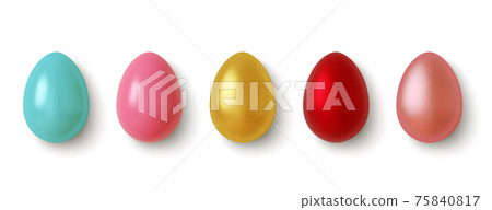 Set of 3D realistic, golden, pink, blue and red Easter eggs isolated on white background. Vector Set of 3D realistic, golden, pink, blue and red Easter eggs isolated on white background. Vector 75840817