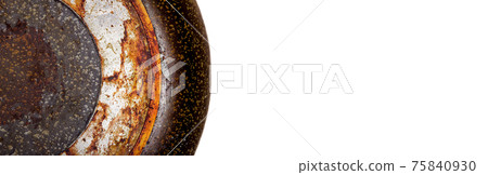 frying pan bottom view of the burnt greasy surface of the coating of utensils for cooking, nobody. 75840930