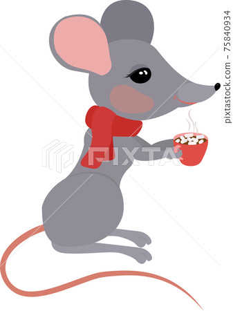 Cute gray cartoon rat or mouse with hot chocolate cup with marshmallows. Christmas greeting card design element. Cute gray cartoon rat or mouse with hot chocolate cup with marshmallows. Christmas greeting card design element. 75840934