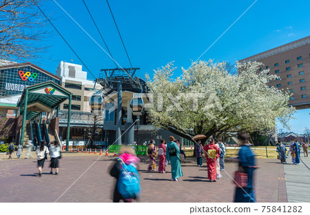 橫濱城市景觀的日本空中纜車站大廈和出現在運河公園的玻璃牆纜車 75841282