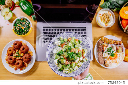 Healthy food clean eating selection: fruit, vegetable, seeds, superfood, leaf vegetable and 75842045