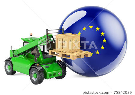 the European Union flag with telescopic handler truck and parcel. Cargo shipping in the European Union concept, 3D rendering 75842089