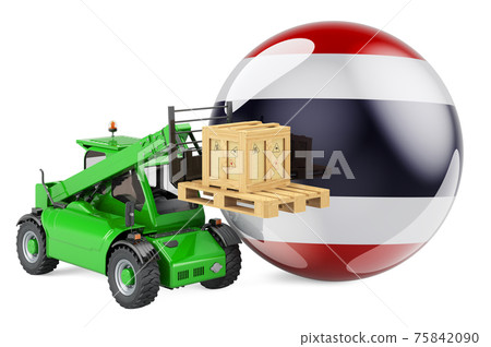 Thai flag with telescopic handler truck and parcel. Cargo shipping in Thailand concept, 3D rendering Thai flag with telescopic handler truck and parcel. Cargo shipping in Thailand concept, 3D rendering 75842090