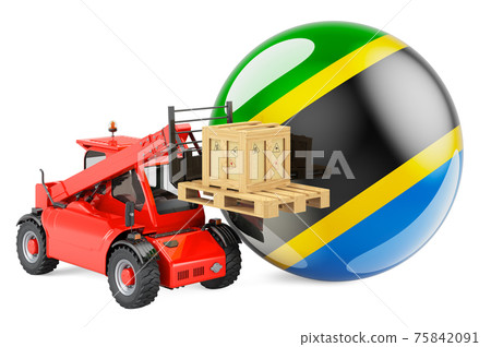 Tanzanian flag with telescopic handler truck and parcel. Cargo shipping in Tanzania concept, 3D rendering 75842091