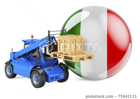 Italian flag with telescopic handler truck and parcel. Cargo shipping in Italy concept, 3D rendering 75842133