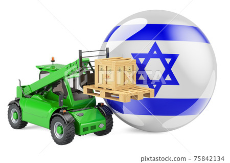 Israeli flag with telescopic handler truck and parcel. Cargo shipping in Israel concept, 3D rendering Israeli flag with telescopic handler truck and parcel. Cargo shipping in Israel concept, 3D rendering 75842134