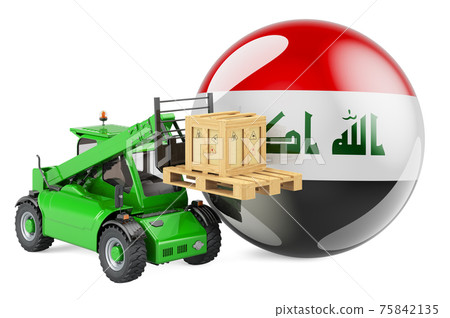 Iraqi flag with telescopic handler truck and parcel. Cargo shipping in Iraq concept, 3D rendering Iraqi flag with telescopic handler truck and parcel. Cargo shipping in Iraq concept, 3D rendering 75842135