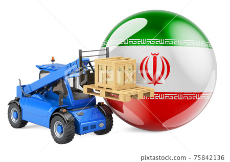 Iranian flag with telescopic handler truck and parcel. Cargo shipping in Iran concept, 3D rendering 75842136