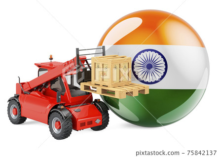 Indian flag with telescopic handler truck and parcel. Cargo shipping in India concept, 3D rendering 75842137