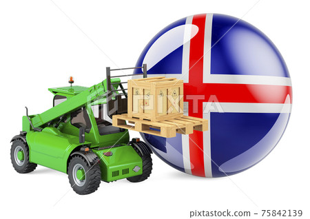 Icelandic flag with telescopic handler truck and parcel. Cargo shipping in Iceland concept, 3D rendering Icelandic flag with telescopic handler truck and parcel. Cargo shipping in Iceland concept, 3D rendering 75842139