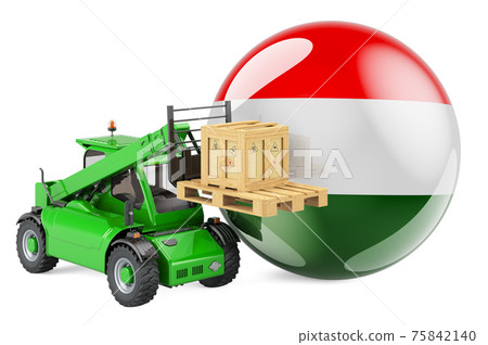 Hungarian flag with telescopic handler truck and parcel. Cargo shipping in Hungary concept, 3D rendering Hungarian flag with telescopic handler truck and parcel. Cargo shipping in Hungary concept, 3D rendering 75842140