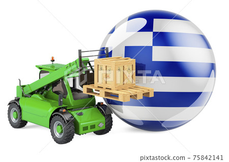 Greek flag with telescopic handler truck and parcel. Cargo shipping in Greece concept, 3D rendering Greek flag with telescopic handler truck and parcel. Cargo shipping in Greece concept, 3D rendering 75842141