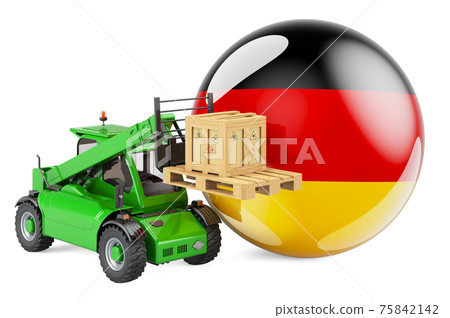 German flag with telescopic handler truck and parcel. Cargo shipping in Germany concept, 3D rendering German flag with telescopic handler truck and parcel. Cargo shipping in Germany concept, 3D rendering 75842142