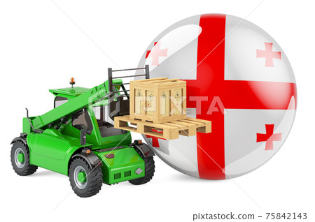 Georgian flag with telescopic handler truck and parcel. Cargo shipping in Georgia concept, 3D rendering Georgian flag with telescopic handler truck and parcel. Cargo shipping in Georgia concept, 3D rendering 75842143