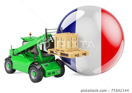 French flag with telescopic handler truck and parcel. Cargo shipping in France concept, 3D rendering French flag with telescopic handler truck and parcel. Cargo shipping in France concept, 3D rendering 75842144