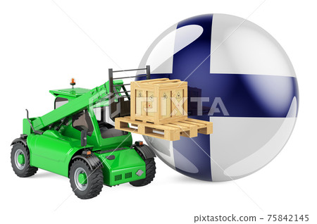 Finnish flag with telescopic handler truck and parcel. Cargo shipping in Finland concept, 3D rendering Finnish flag with telescopic handler truck and parcel. Cargo shipping in Finland concept, 3D rendering 75842145