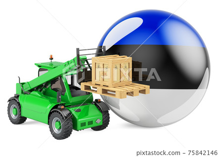 Estonian flag with telescopic handler truck and parcel. Cargo shipping in Estonia concept, 3D rendering Estonian flag with telescopic handler truck and parcel. Cargo shipping in Estonia concept, 3D rendering 75842146