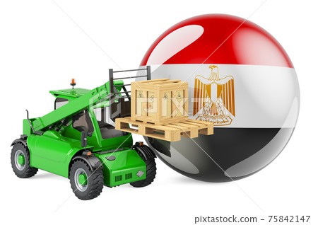 Egyptian flag with telescopic handler truck and parcel. Cargo shipping in Egypt concept, 3D rendering Egyptian flag with telescopic handler truck and parcel. Cargo shipping in Egypt concept, 3D rendering 75842147