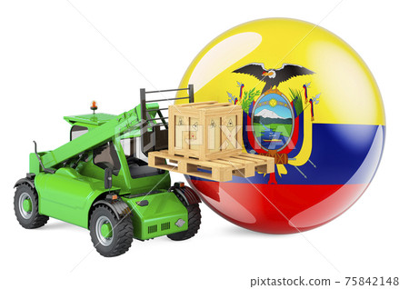 Ecuadorian flag with telescopic handler truck and parcel. Cargo shipping in Ecuador concept, 3D rendering Ecuadorian flag with telescopic handler truck and parcel. Cargo shipping in Ecuador concept, 3D rendering 75842148