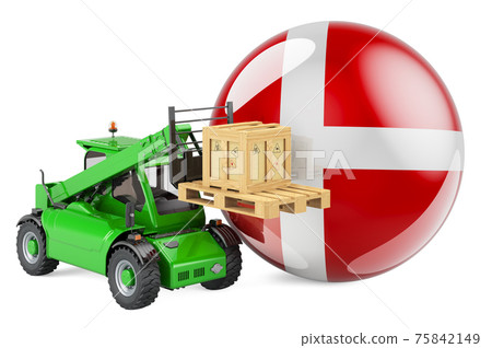 Danish flag with telescopic handler truck and parcel. Cargo shipping in Denmark concept, 3D rendering 75842149