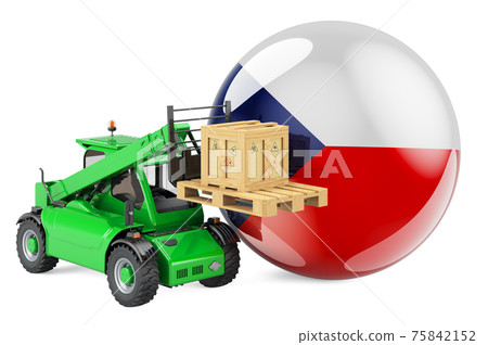 Czech flag with telescopic handler truck and parcel. Cargo shipping in Czech Republic concept, 3D rendering Czech flag with telescopic handler truck and parcel. Cargo shipping in Czech Republic concept, 3D rendering 75842152