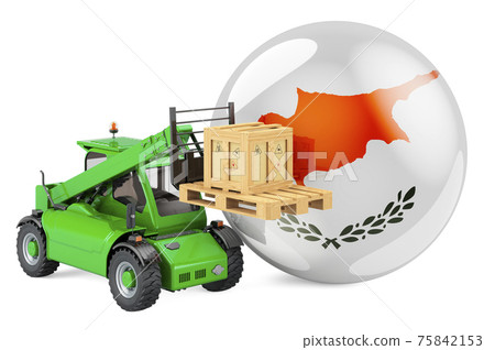 Cypriot flag with telescopic handler truck and parcel. Cargo shipping in Cyprus concept, 3D rendering Cypriot flag with telescopic handler truck and parcel. Cargo shipping in Cyprus concept, 3D rendering 75842153