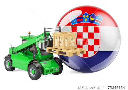 Croatian flag with telescopic handler truck and parcel. Cargo shipping in Croatia concept, 3D rendering Croatian flag with telescopic handler truck and parcel. Cargo shipping in Croatia concept, 3D rendering 75842154