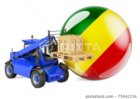 Congo flag with telescopic handler truck and parcel. Cargo shipping in Congo concept, 3D rendering Congo flag with telescopic handler truck and parcel. Cargo shipping in Congo concept, 3D rendering 75842156
