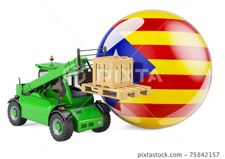 Catalan flag with telescopic handler truck and parcel. Cargo shipping in Catalonia concept, 3D rendering Catalan flag with telescopic handler truck and parcel. Cargo shipping in Catalonia concept, 3D rendering 75842157