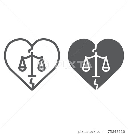 Divorce line and glyph icon, law and marriage, broken heart sign, vector graphics, a linear pattern on a white background. Divorce line and glyph icon, law and marriage, broken heart sign, vector graphics, a linear pattern on a white background. 75842210