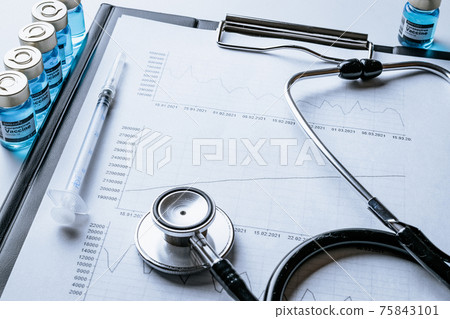 Medical graphic. Healthcare medical infographic, doctor health stethoscope and analysis vaccination statistics on hospital background. Global economy recovery after Covid 19 concept. Medical graphic. Healthcare medical infographic, doctor health stethoscope and analysis vaccination statistics on hospital background. Global economy recovery after Covid 19 concept. 75843101