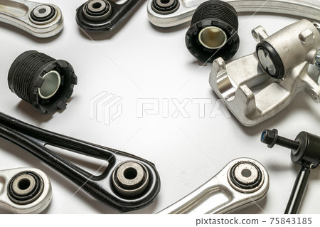 Car service. Auto motor mechanic spare or automotive piece on white background. Set of new metal car part. Technology of mechanical gear. 75843185