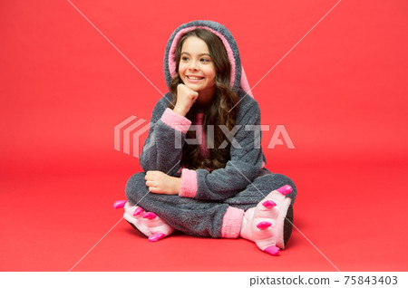 Joyful girl. Child rabbit kigurumi. Happy girl bunny pajamas. 75843403