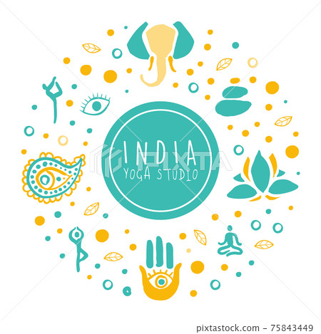India Yoga Studio Banner, Ayurveda, Traditional Medicine, Meditation Class and Spiritual Practice Card, Poster, Background Hand Drawn Vector Illustration 75843449