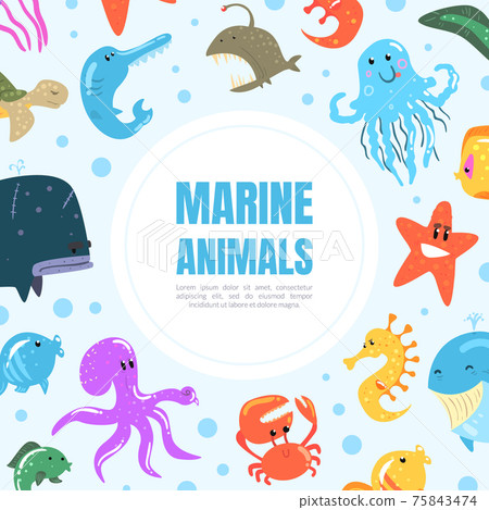 Marine Animals Banner, Underwater World Poster, Card, Flyer Design Template with Octopus, Whale, Jellyfish Cartoon Vector Illustration Marine Animals Banner, Underwater World Poster, Card, Flyer Design Template with Octopus, Whale, Jellyfish Cartoon Vector Illustration 75843474