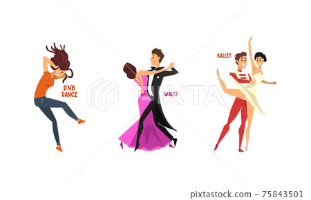 Set of Various Styles of Dancing, Professional Dancers Performing Ballet, Waltz, Drum and Bass Cartoon Vector Illustration Set of Various Styles of Dancing, Professional Dancers Performing Ballet, Waltz, Drum and Bass Cartoon Vector Illustration 75843501