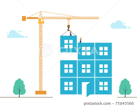 Illustration of construction of multi-storey building. tower crane lowers block with window Illustration of construction of multi-storey building. tower crane lowers block with window 75843560