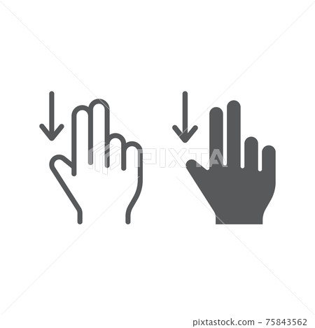 Two finger drag down line and glyph icon, gesture and hand, flick sign, vector graphics, a linear pattern on a white background. 75843562