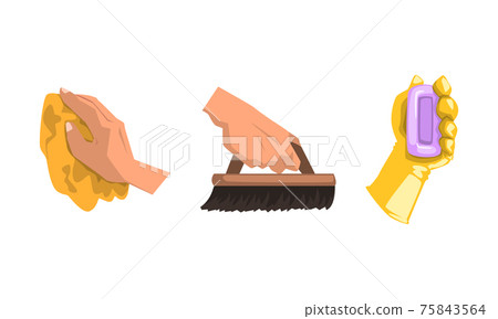 Hands with Cleaning Tools Set, Hand Holding Rag, Brush, Soap Cartoon Vector Illustration Hands with Cleaning Tools Set, Hand Holding Rag, Brush, Soap Cartoon Vector Illustration 75843564