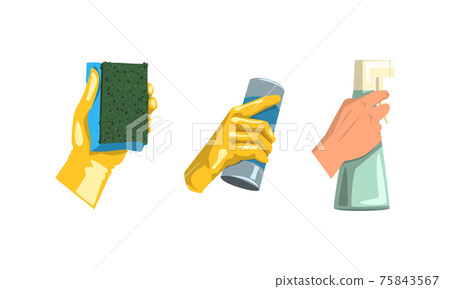 Hands with Cleaning Tools Set, Hand Holding Sponge, Powder, Spray Bottle Cartoon Vector Illustration Hands with Cleaning Tools Set, Hand Holding Sponge, Powder, Spray Bottle Cartoon Vector Illustration 75843567