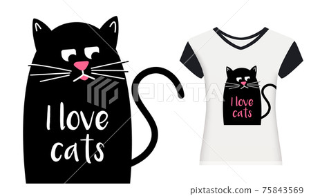 Thoughtful Cute cat with text. I love cats. Kawaii black cat. Thoughtful Cute cat with text. I love cats. Kawaii black cat. 75843569