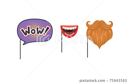 Set of Masquerade Party Costume Accessories, Wow phrase, Hipster Mustaches and Beard, Smiling Mouth on Sticks Cartoon Vector Illustration Set of Masquerade Party Costume Accessories, Wow phrase, Hipster Mustaches and Beard, Smiling Mouth on Sticks Cartoon Vector Illustration 75843583