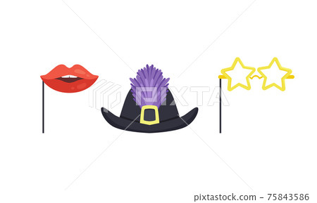 Set of Masquerade Party Costume Accessories, Hat with Feathers, Red Lips on Stick, Star Shaped Cartoon Vector Illustration Set of Masquerade Party Costume Accessories, Hat with Feathers, Red Lips on Stick, Star Shaped Cartoon Vector Illustration 75843586