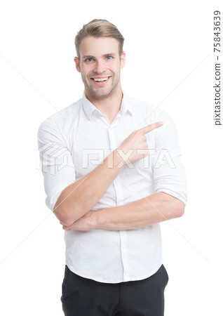 In that direction. Happy man pointing index finger In that direction. Happy man pointing index finger 75843639