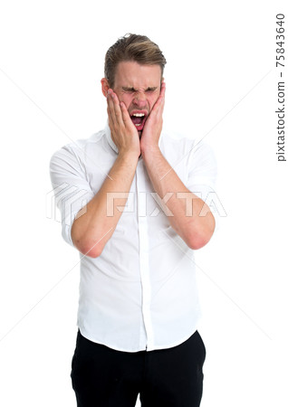 Overwhelmed concept. Man yawning face formal shirt  75843640