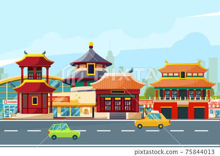 Chinese urban landscape with traditional buildings. Chinatown in cartoon style. illustrations Chinese urban landscape with traditional buildings. Chinatown in cartoon style. illustrations 75844013