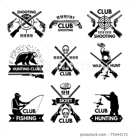 Labels and badges set for hunting club. Monochrome pictures of different animals and weapons for hunters 75844172