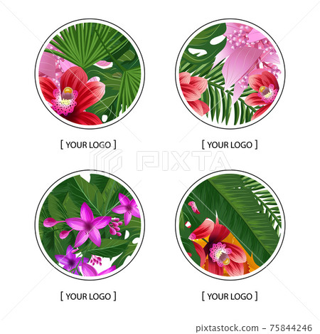 tropical palm leaves and exotic flower elements round logo symbols tropical palm leaves and exotic flower elements round logo symbols 75844246