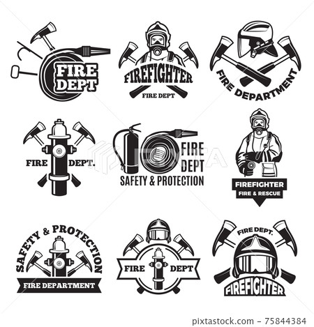 Monochrome labels set for fire department. Pictures of fireman 75844384